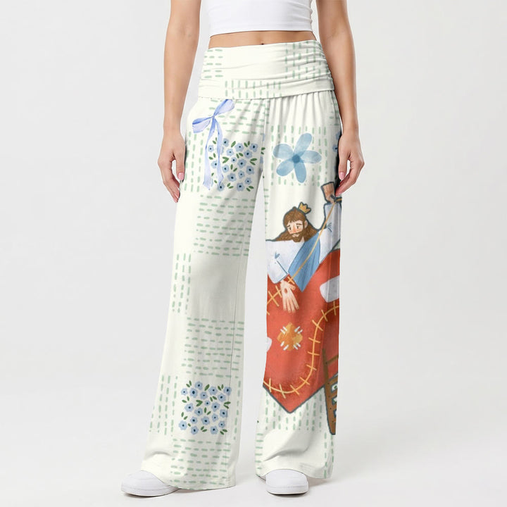 Christianartworkshop Stitch Dot Background Bow Forget‑me‑not Crown Jesus Red Heart Illustration High Waist Wide Leg Pants - US22,UK/AU26,EU54(6XL) - image 0