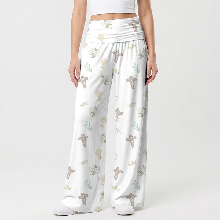 Christianartworkshop Ditsy Allover Print Crucifix Crown Eucharist White Blossom Tulip High Waist Wide Leg Pants - US22,UK/AU26,EU54(6XL) - image 0