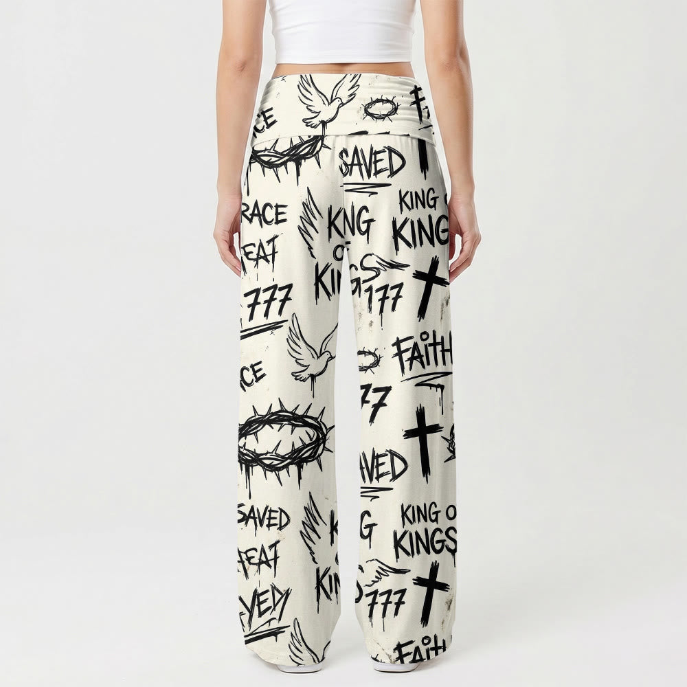 Christianartworkshop Graffiti Style Crown Of Thorns Dove Cross Faith Saved Text All‑Print High Waist Wide Leg Pants - image 1