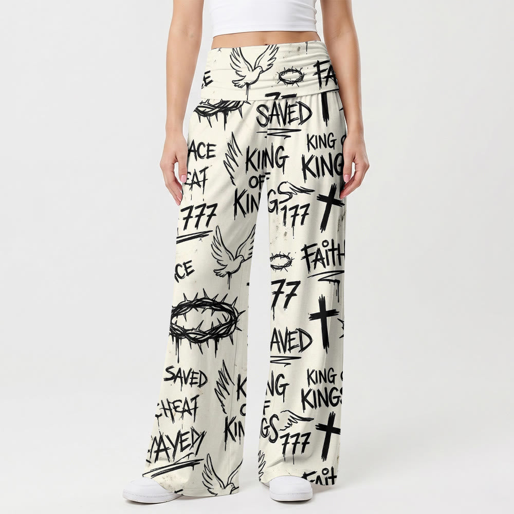 Christianartworkshop Graffiti Style Crown Of Thorns Dove Cross Faith Saved Text All‑Print High Waist Wide Leg Pants - US22,UK/AU26,EU54(6XL) - image 0