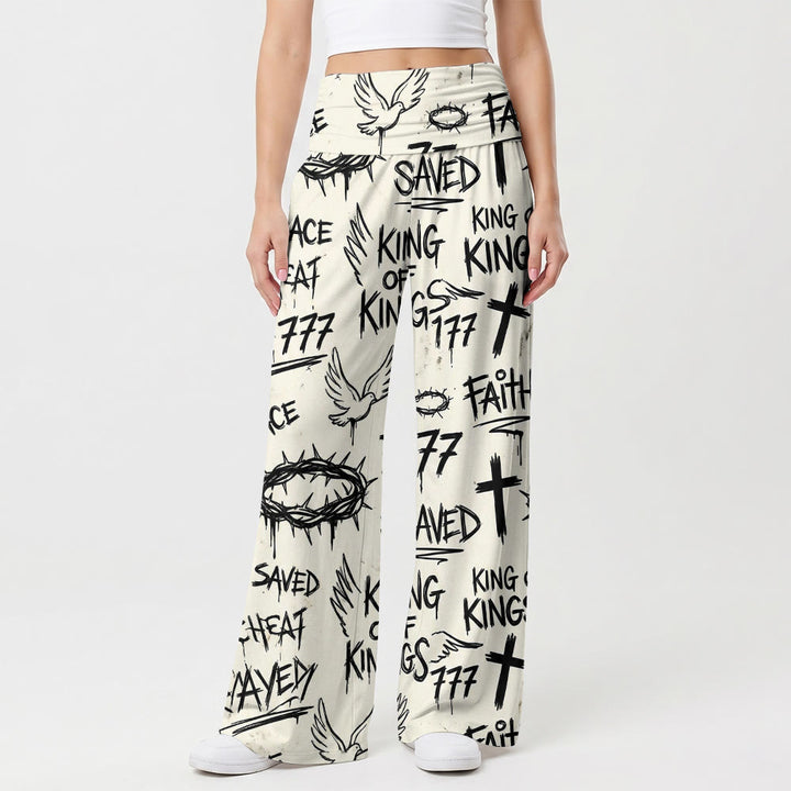 Christianartworkshop Graffiti Style Crown Of Thorns Dove Cross Faith Saved Text All‑Print High Waist Wide Leg Pants - US22,UK/AU26,EU54(6XL) - image 0