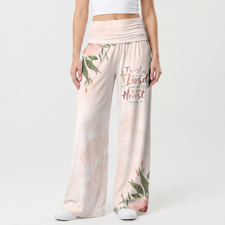 Christianartworkshop Washed Blush Gradient Background Corner Peony Cross Proverbs 3:5 Scripture Text High Waist Wide Leg Pants - US22,UK/AU26,EU54(6XL) - image 0