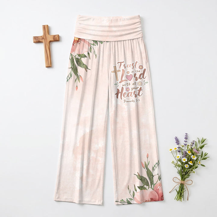 Christianartworkshop Washed Blush Gradient Background Corner Peony Cross Proverbs 3:5 Scripture Text High Waist Wide Leg Pants - image 2