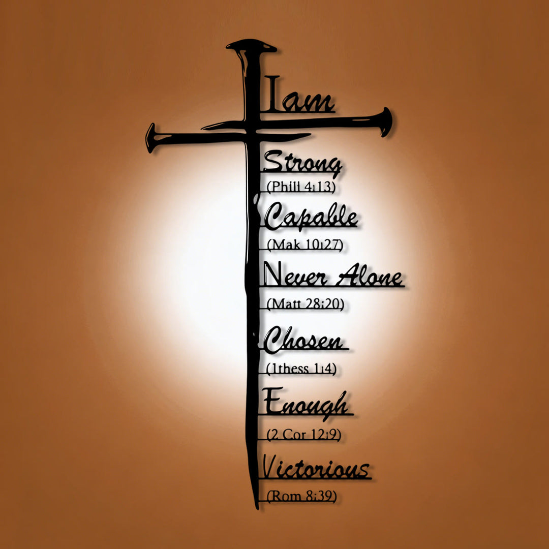Christianartworkshop Nail Shaped Cross Biblical Affirmation Scripture Metal Wall Decor: Timeless Emblem of Sacred Redemptive Grace - image 0