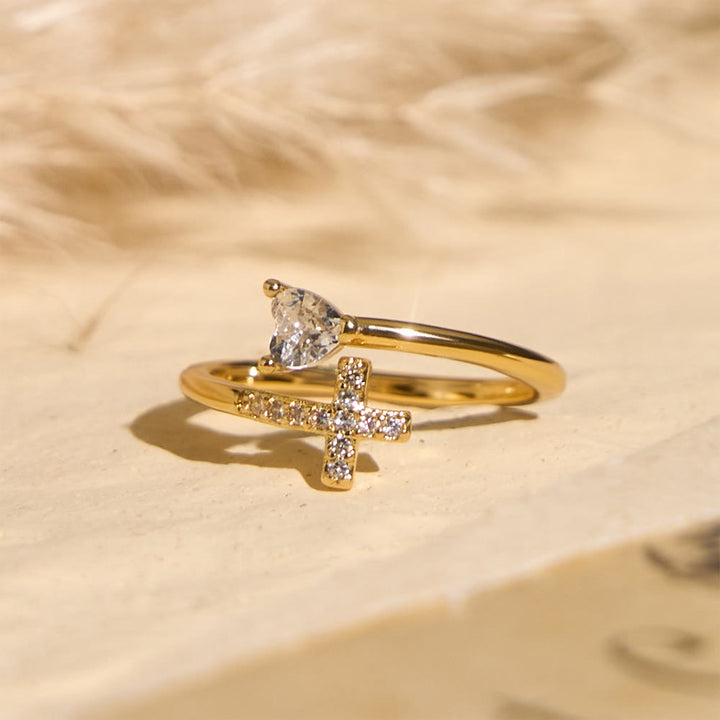Christianartworkshop Two-Color Adjustable Ring with Paved Cross & Heart Zircon Accents: A Reminder of Sacred Grace - image 1