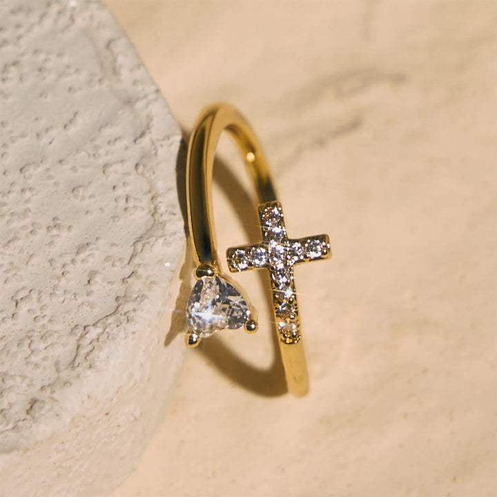 Christianartworkshop Two-Color Adjustable Ring with Paved Cross & Heart Zircon Accents: A Reminder of Sacred Grace - image 2