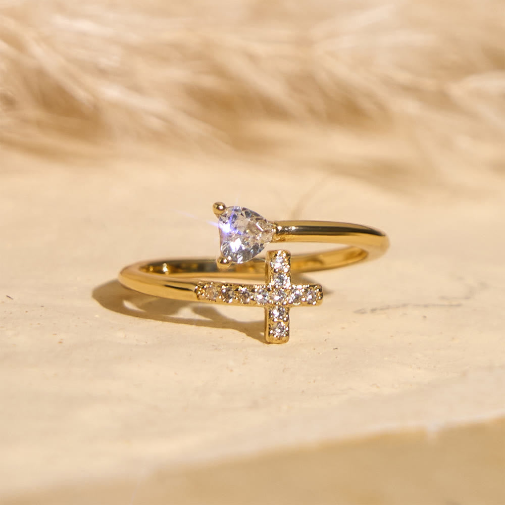 Christianartworkshop Two-Color Adjustable Ring with Paved Cross & Heart Zircon Accents: A Reminder of Sacred Grace - image 0