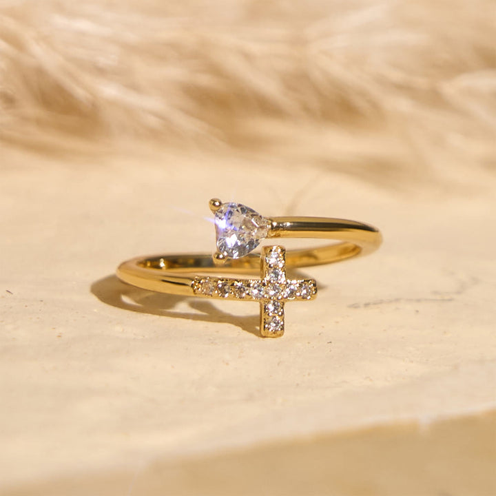 Christianartworkshop Two-Color Adjustable Ring with Paved Cross & Heart Zircon Accents: A Reminder of Sacred Grace - image 0