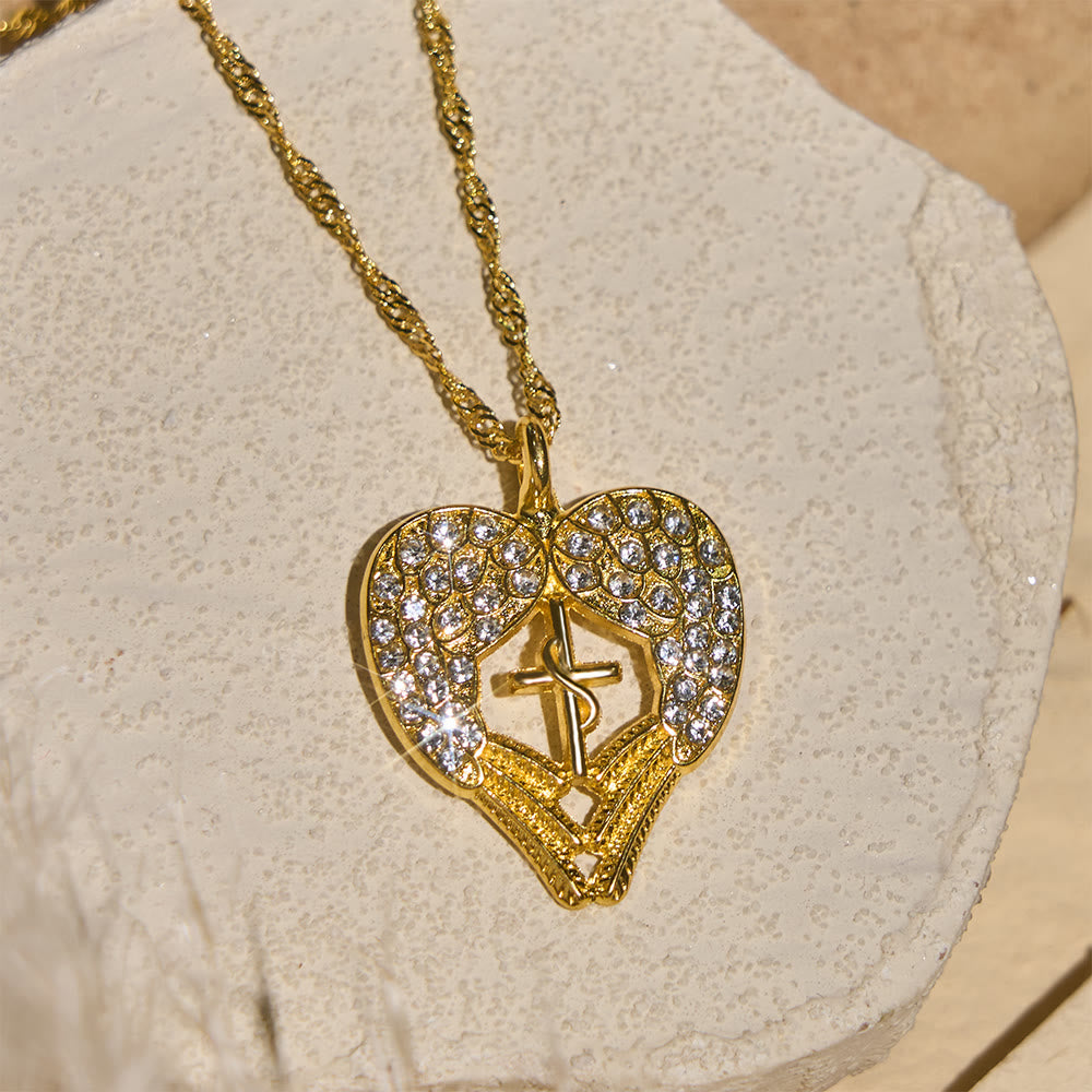 Christianartworkshop Zircon-Encrusted Heart Cross Necklace with Angel Wings: A Symbol of Divine Love & Grace - image 1