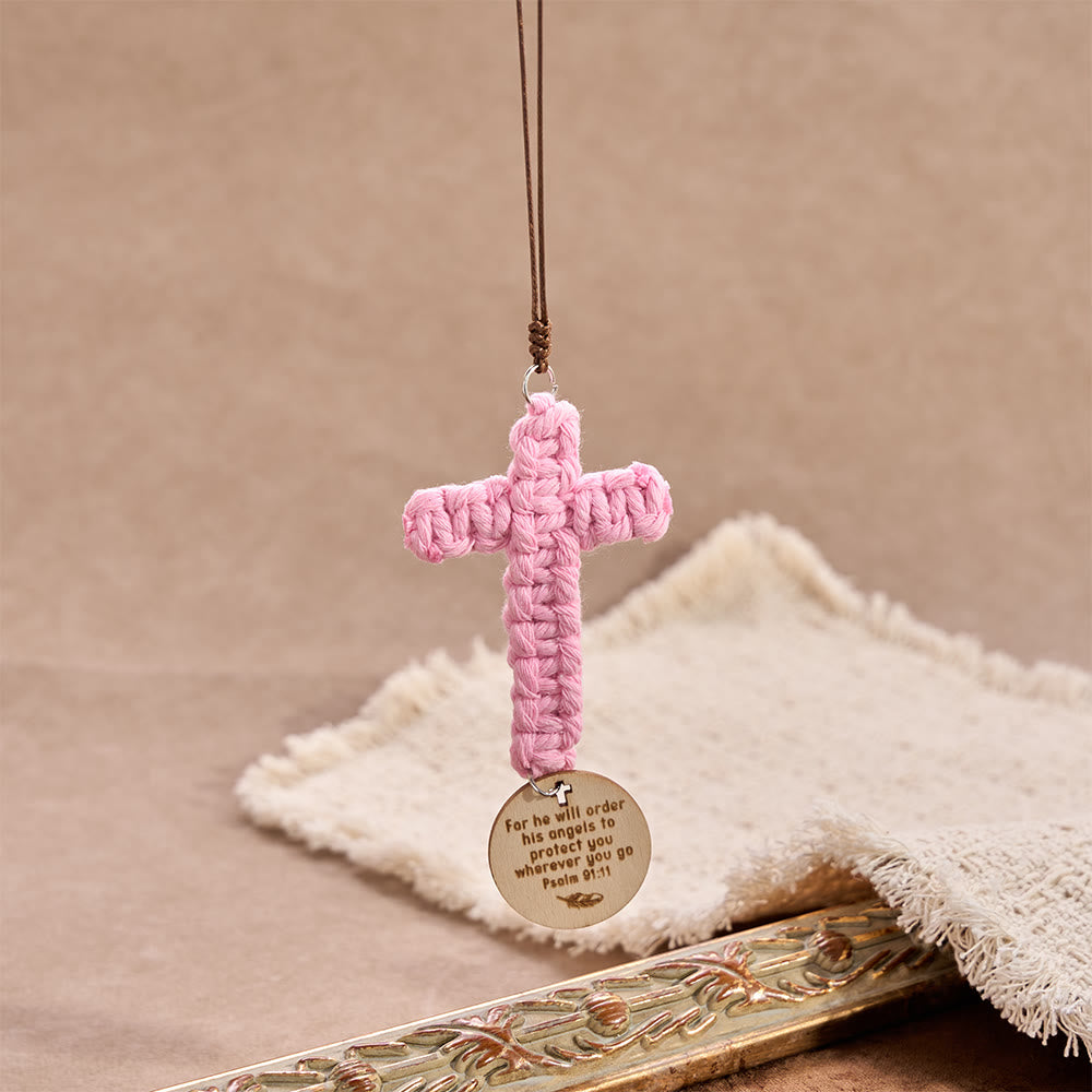 Christianartworkshop Matthew 28:20 Scripture Engraved Wooden Disc Stone Cross Car Charm: A Reminder of Merciful Divine Protection on Every Trip - Macrame Cross&Psalm 91:11 - image 8