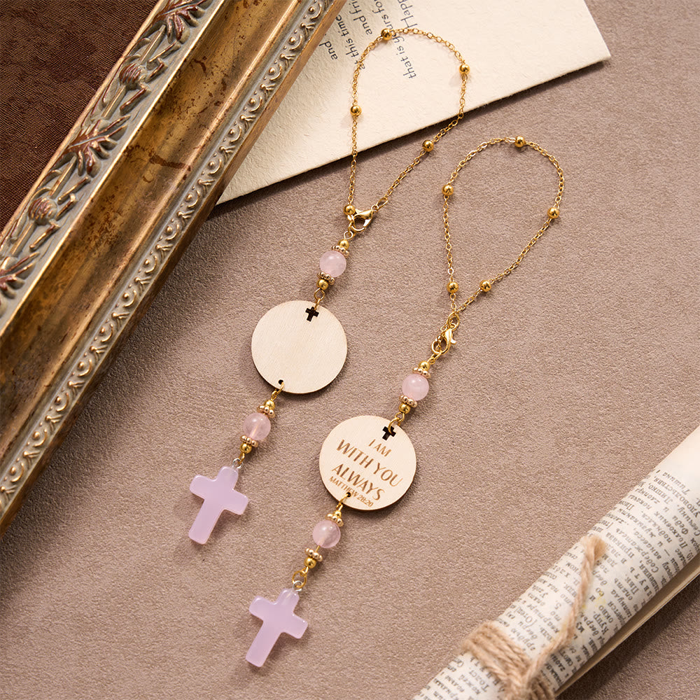 Christianartworkshop Matthew 28:20 Scripture Engraved Wooden Disc Stone Cross Car Charm: A Reminder of Merciful Divine Protection on Every Trip - image 0