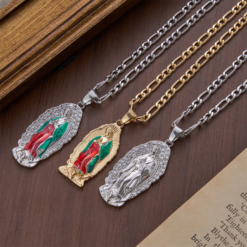 Christianartworkshop Elegant Sunburst Border Enamel Virgin Guadalupe Pendant Chunky Figaro Chain - image 4