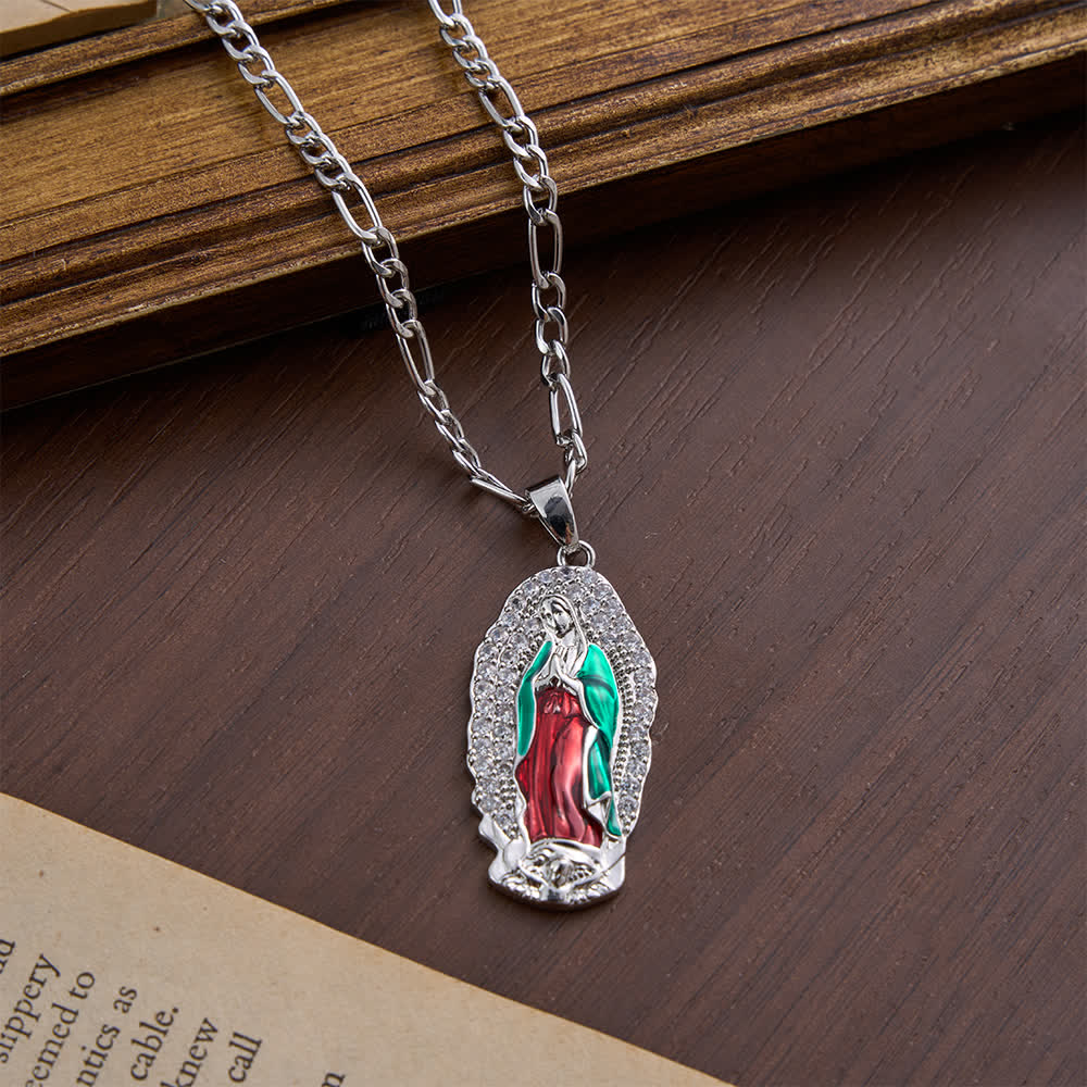 Christianartworkshop Elegant Sunburst Border Enamel Virgin Guadalupe Pendant Chunky Figaro Chain - Silver-Red - image 14