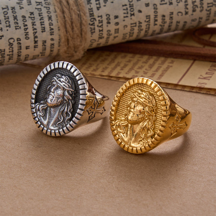 Christianartworkshop Vintage Christ Jesus Head Cross Blessing Ring - image 0