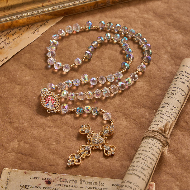 Christianartworkshop Gradient Iridescent Teardrop Glass Rosary With Jeweled Gilded Cross & Our Lady of Aparecida Medallion - image 2