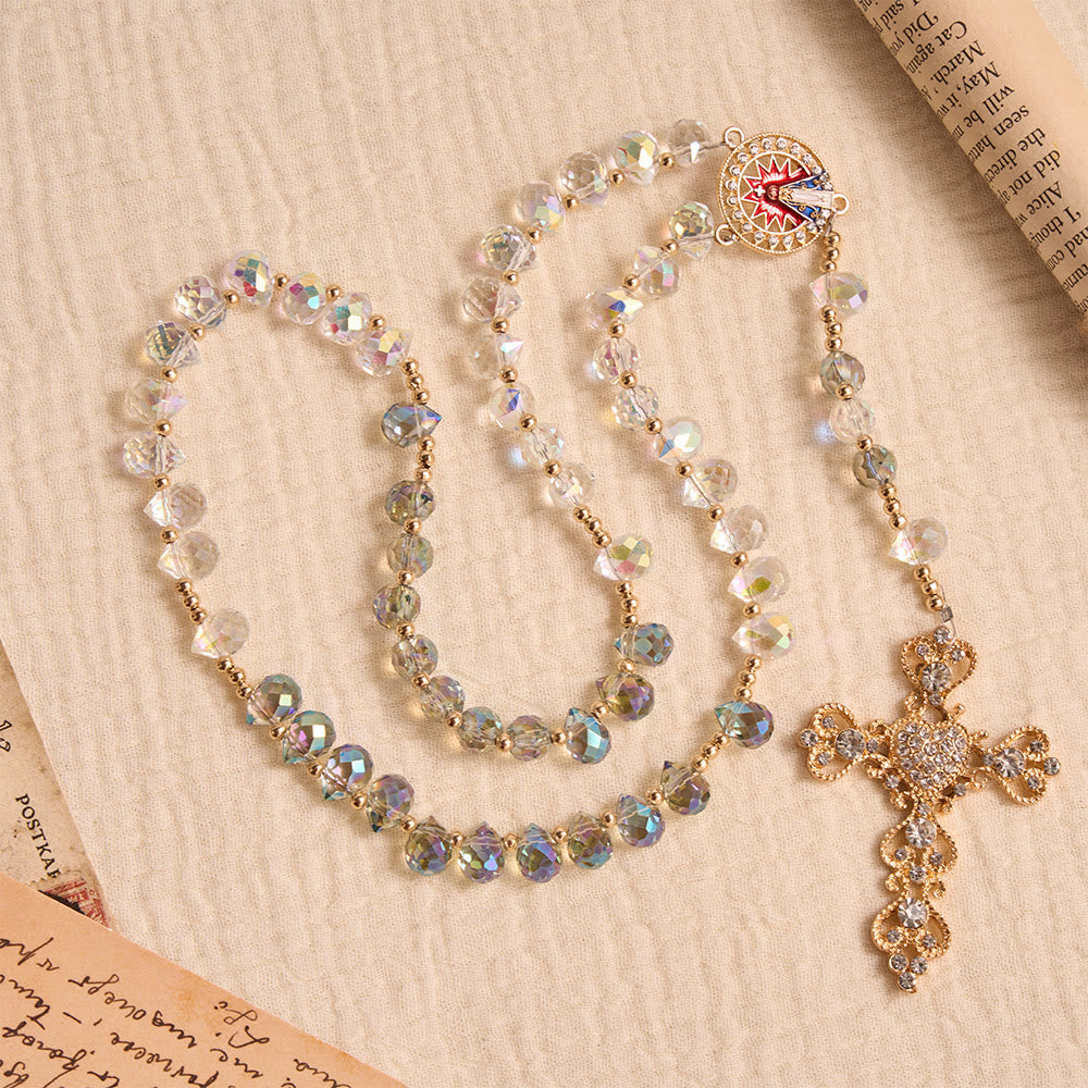 Christianartworkshop Gradient Iridescent Teardrop Glass Rosary With Jeweled Gilded Cross & Our Lady of Aparecida Medallion - image 3