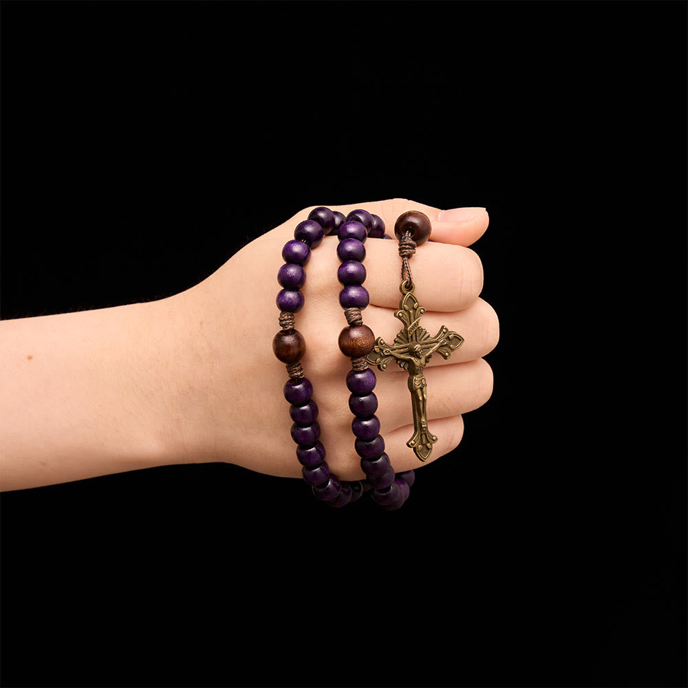 Christianartworkshop Purple Wooden Rosary With Bronze Crucifix & Embossed Holy Family Medallion - image 1