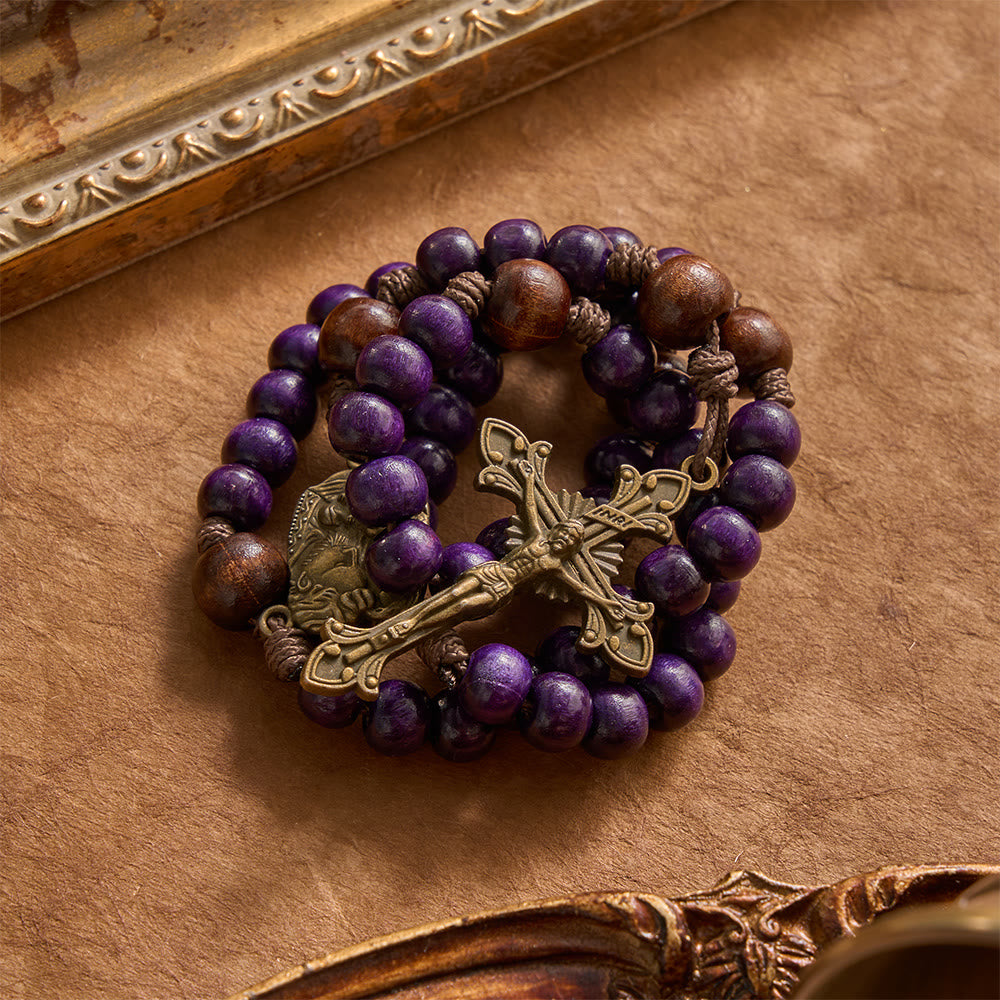 Christianartworkshop Purple Wooden Rosary With Bronze Crucifix & Embossed Holy Family Medallion - image 2