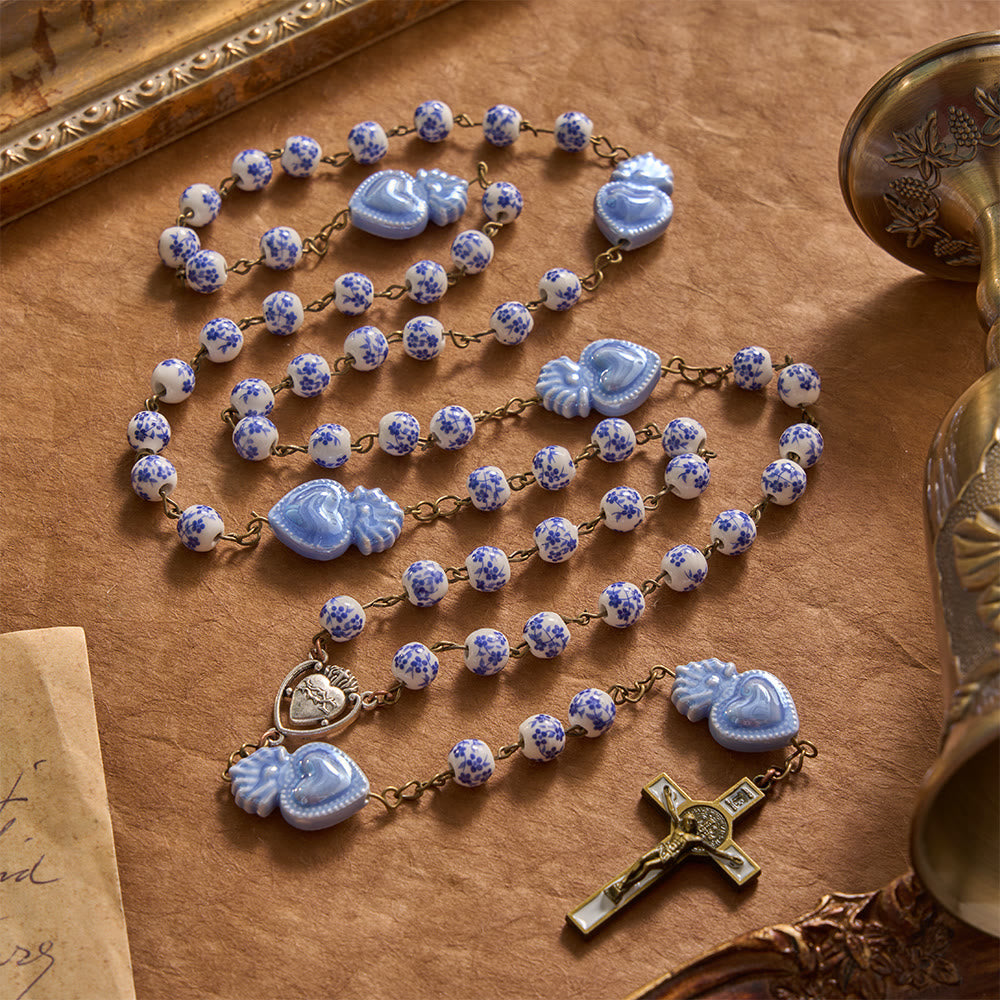 Christianartworkshop Floral Porcelain Sacred Heart Ceramic Rosary With Enamel Trimmed Crucifix - Blue Floral Ceramic Rosary - image 0