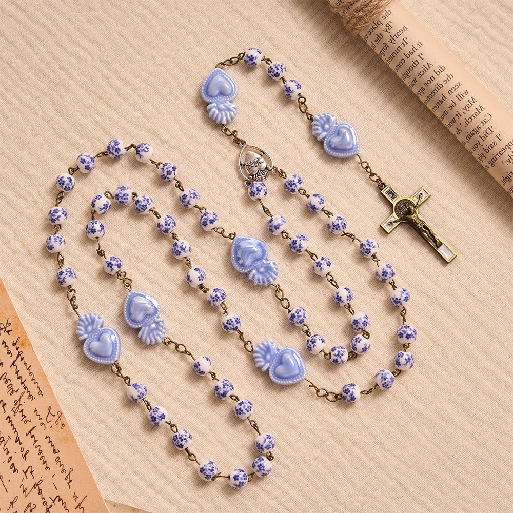 Christianartworkshop Floral Porcelain Sacred Heart Ceramic Rosary With Enamel Trimmed Crucifix - image 2