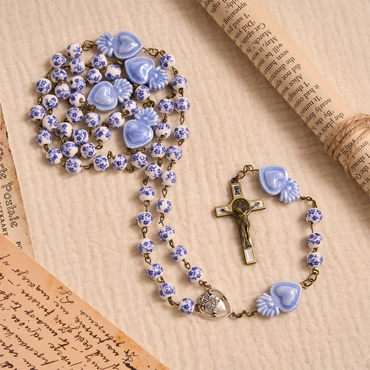 Christianartworkshop Floral Porcelain Sacred Heart Ceramic Rosary With Enamel Trimmed Crucifix - image 3