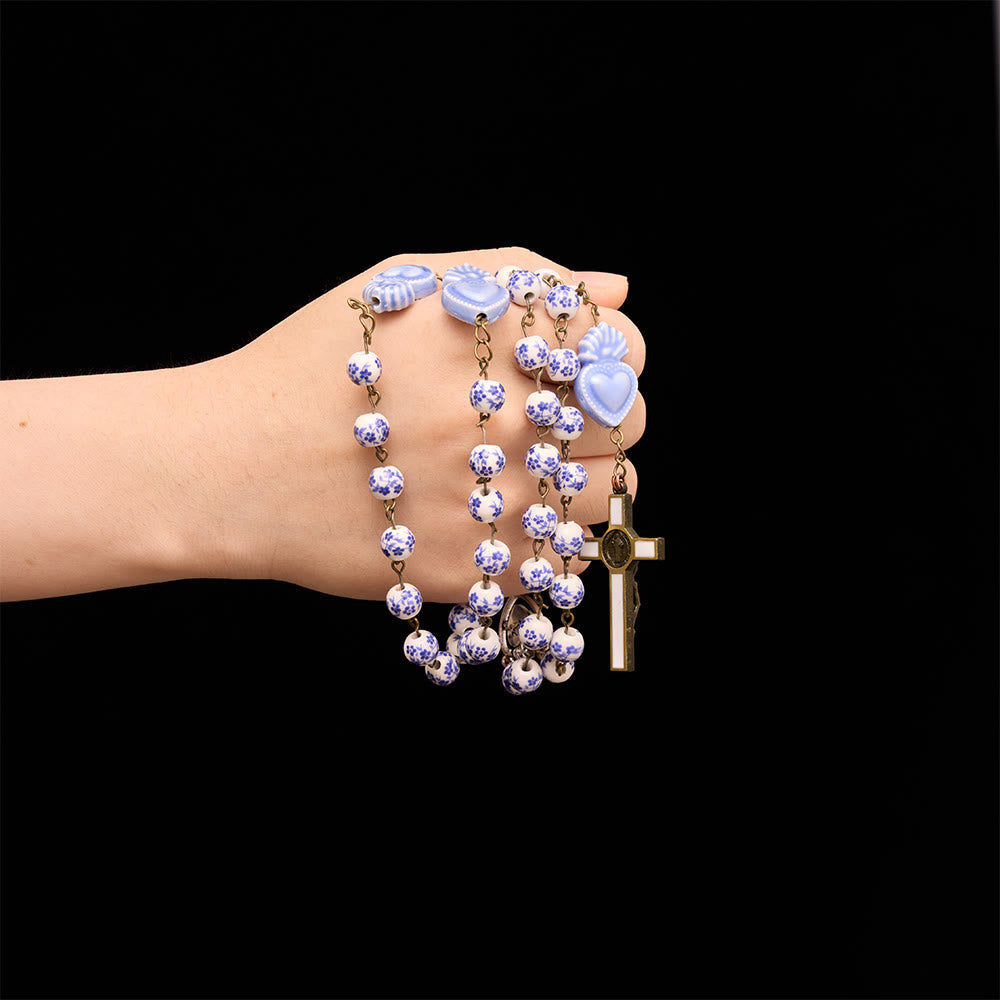 Christianartworkshop Floral Porcelain Sacred Heart Ceramic Rosary With Enamel Trimmed Crucifix - image 1