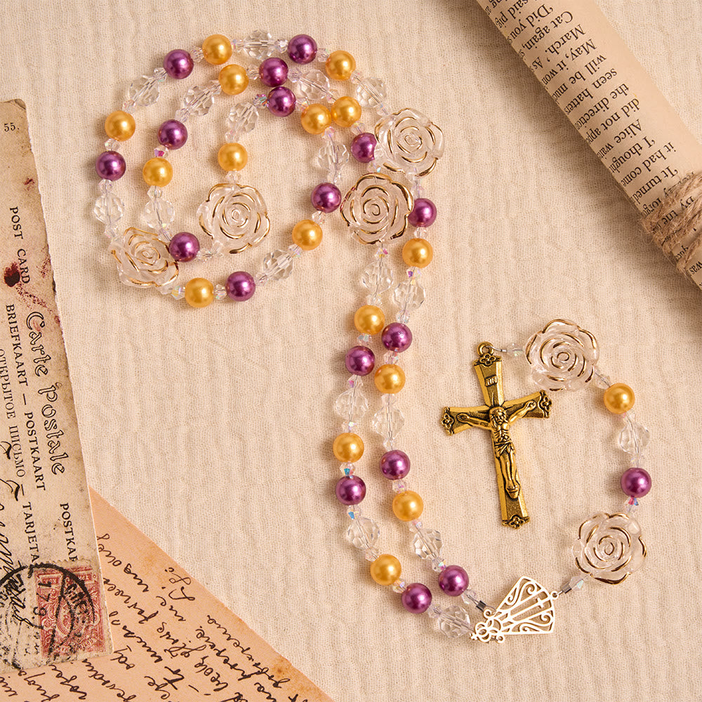 Christianartworkshop Molded Camellia Acrylic Rosary With Gilded Crucifix & Our Lady of Aparecida Filigree Medallion - image 4