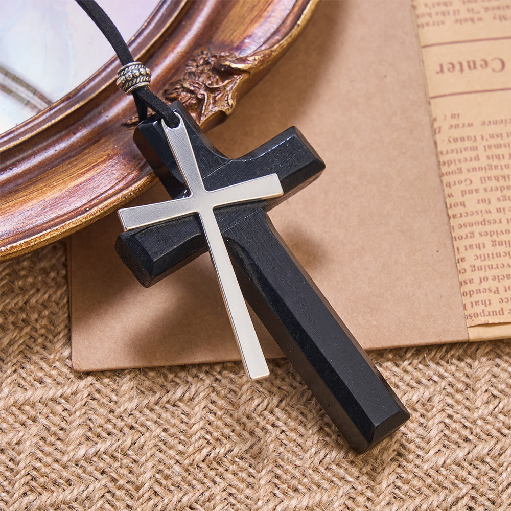 Christianartworkshop Minimalist Inlaid Metal Solid Wooden Cross Suede Cord Necklace: Emblem of Steadfast Heavenly Shelter - Black - image 4