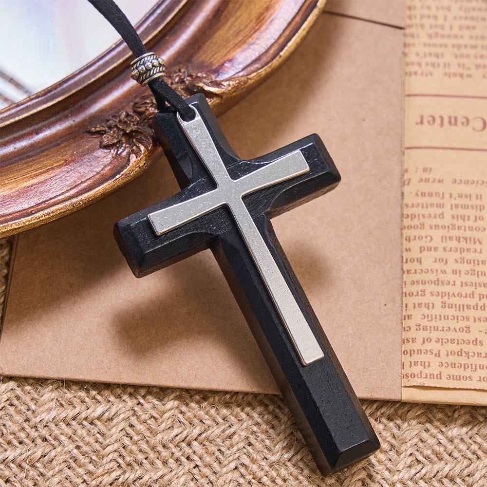 Christianartworkshop Minimalist Inlaid Metal Solid Wooden Cross Suede Cord Necklace: Emblem of Steadfast Heavenly Shelter - image 5