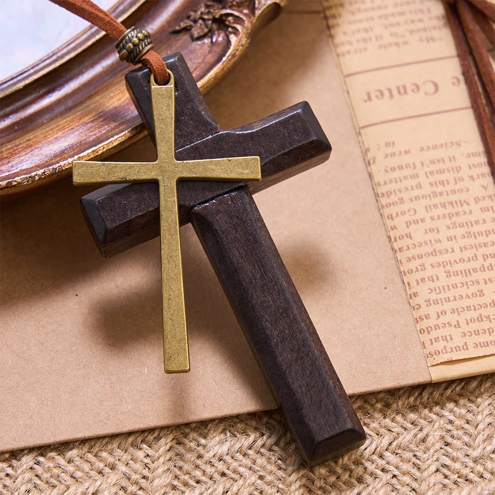 Christianartworkshop Minimalist Inlaid Metal Solid Wooden Cross Suede Cord Necklace: Emblem of Steadfast Heavenly Shelter - Brown - image 0