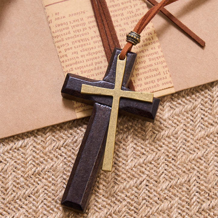 Christianartworkshop Minimalist Inlaid Metal Solid Wooden Cross Suede Cord Necklace: Emblem of Steadfast Heavenly Shelter - image 3