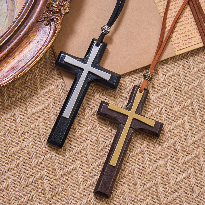 Christianartworkshop Minimalist Inlaid Metal Solid Wooden Cross Suede Cord Necklace: Emblem of Steadfast Heavenly Shelter - image 1