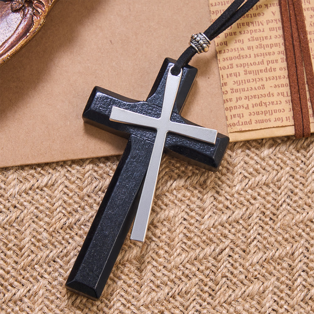 Christianartworkshop Minimalist Inlaid Metal Solid Wooden Cross Suede Cord Necklace: Emblem of Steadfast Heavenly Shelter - image 6