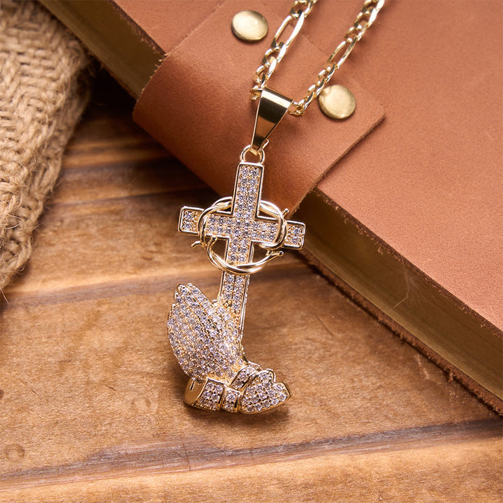 Christianartworkshop Full Pavé Crystal Thorn Cross Prayer Hands Figaro Chain Necklace: Emblem of Merciful Heavenly Redemption - image 4