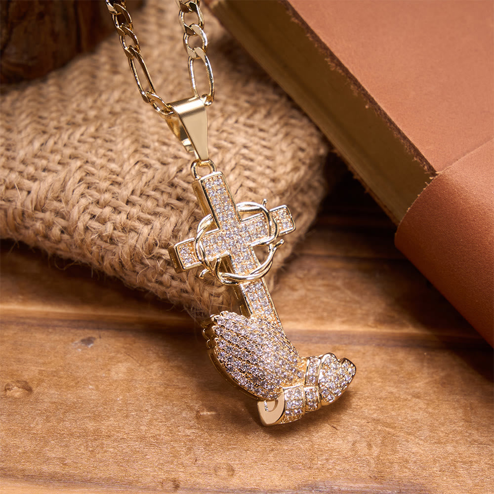Christianartworkshop Full Pavé Crystal Thorn Cross Prayer Hands Figaro Chain Necklace: Emblem of Merciful Heavenly Redemption - image 2