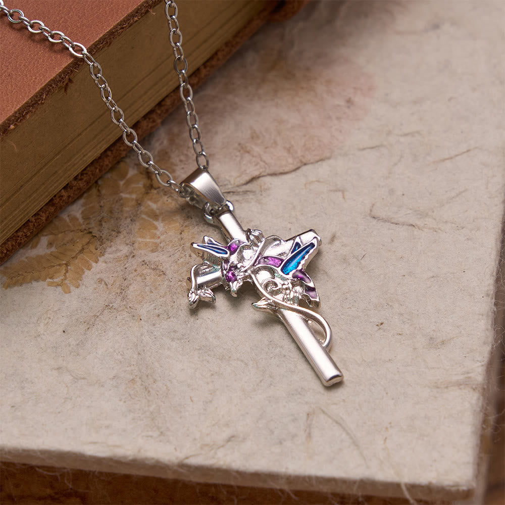 Christianartworkshop Hand Enamel Hummingbird Wrapped Slim Cross Chain Necklace: Emblem of Gentle Heavenly Blessing - image 3