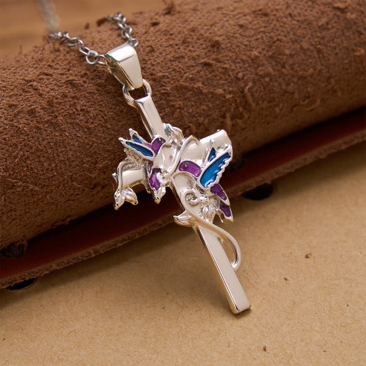 Christianartworkshop Hand Enamel Hummingbird Wrapped Slim Cross Chain Necklace: Emblem of Gentle Heavenly Blessing - image 1