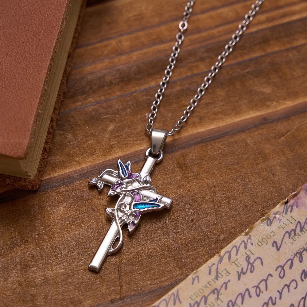 Christianartworkshop Hand Enamel Hummingbird Wrapped Slim Cross Chain Necklace: Emblem of Gentle Heavenly Blessing - Hummingbird Cross - image 0
