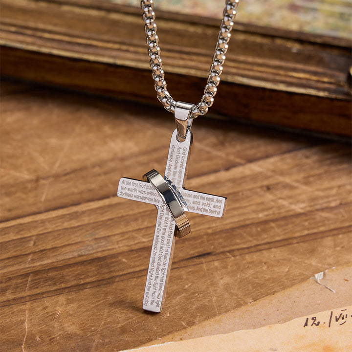 Christianartworkshop Ring Wrapped Laser Scripture Titanium Steel Cross Box Chain Necklace: Emblem of Everlasting Heavenly Promise - Silver - image 3