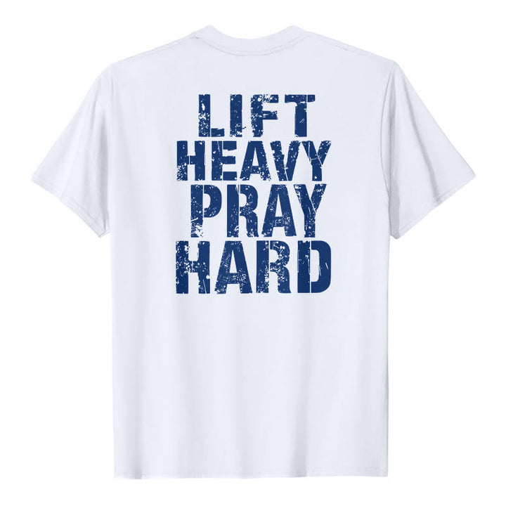 Christianartworkshop Dual-Side Lift Heavy Pray Hard Distressed Letter Print Classic T-Shirt - White - 2XL - image 3