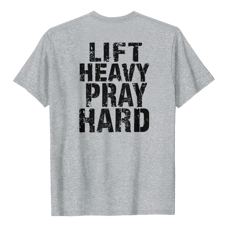 Christianartworkshop Dual-Side Lift Heavy Pray Hard Distressed Letter Print Classic T-Shirt - Grey - 2XL - image 9