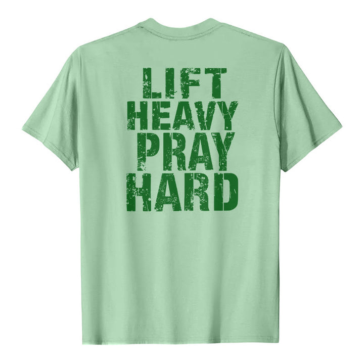Christianartworkshop Dual-Side Lift Heavy Pray Hard Distressed Letter Print Classic T-Shirt - Light Green - 2XL - image 24