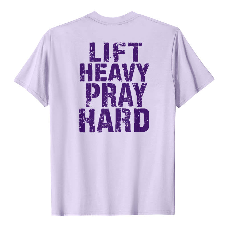 Christianartworkshop Dual-Side Lift Heavy Pray Hard Distressed Letter Print Classic T-Shirt - Purple - 2XL - image 21