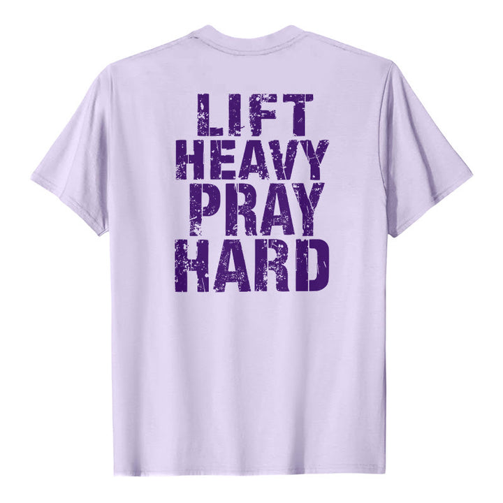 Christianartworkshop Dual-Side Lift Heavy Pray Hard Distressed Letter Print Classic T-Shirt - Purple - 2XL - image 21
