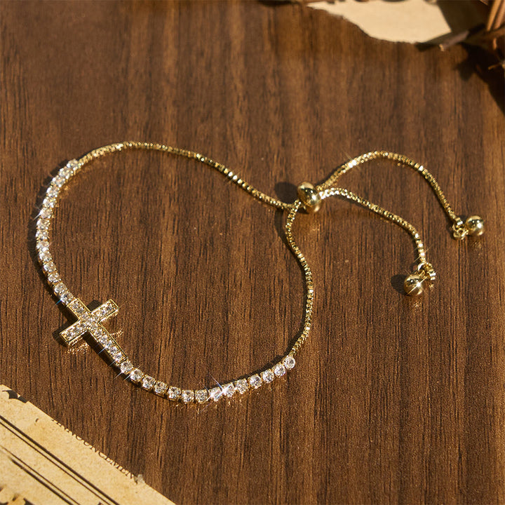 Christianartworkshop Full Pavé Sparkling Zircon Cross Pull Adjustable Tennis Bracelet: Emblem of Radiant Heavenly Guidance - Golden - image 7