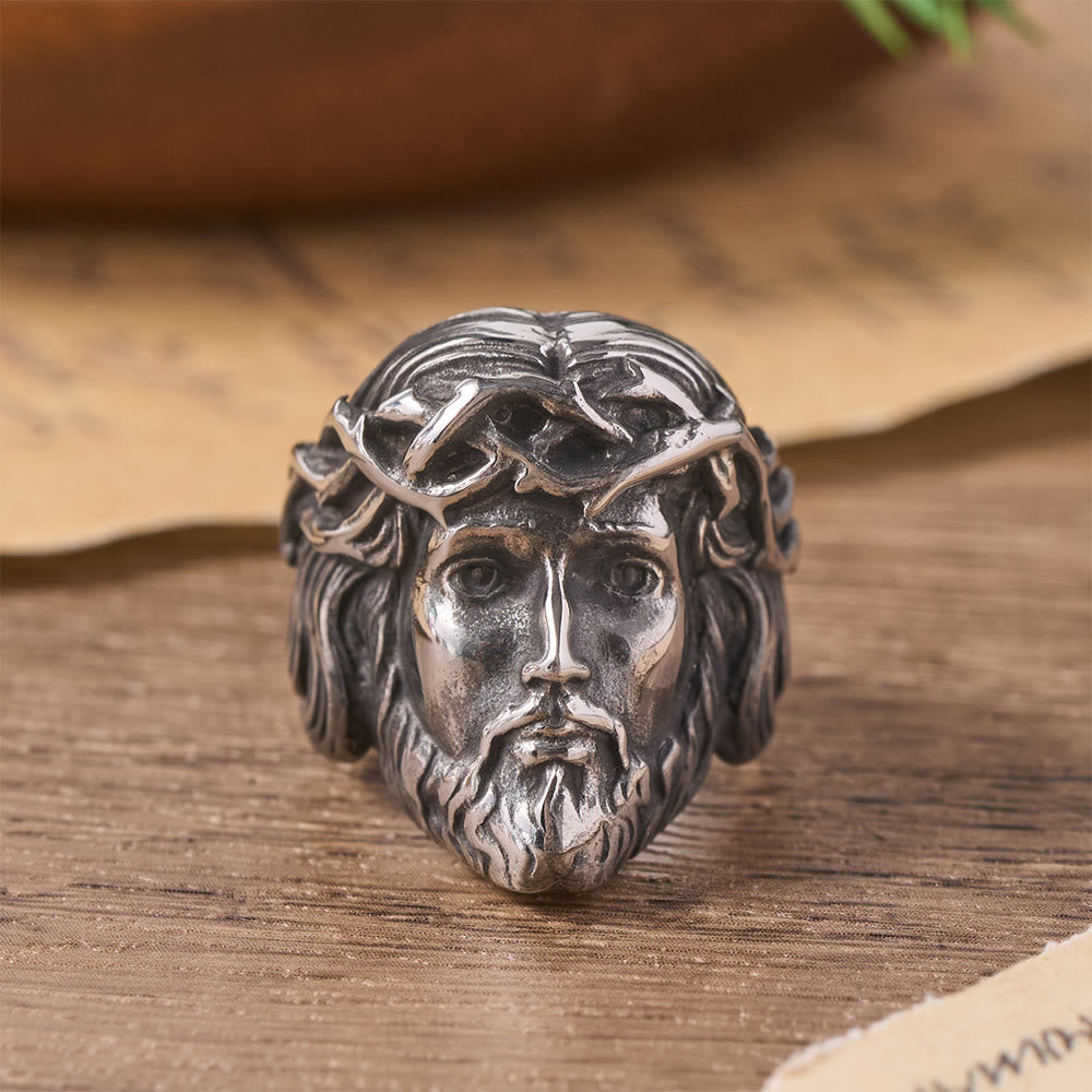 Christianartworkshop Solid Relief Crown of Thorns Holy Portrait Two-Tone Metal Statement Ring: Emblem of Boundless Heavenly Mercy - Silver - US 13 - image 4