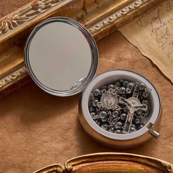 Christianartworkshop Portable Saint Benedict Hematite Rosary With Engraved Metal Storage Case - image 2