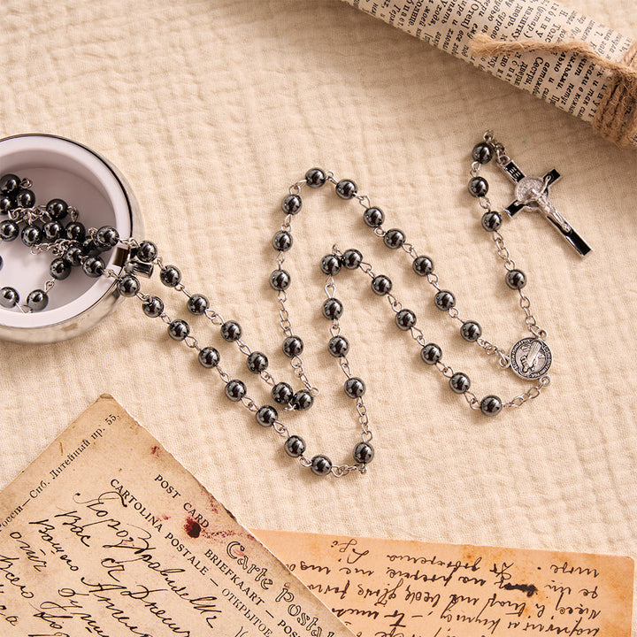 Christianartworkshop Portable Saint Benedict Hematite Rosary With Engraved Metal Storage Case - image 3