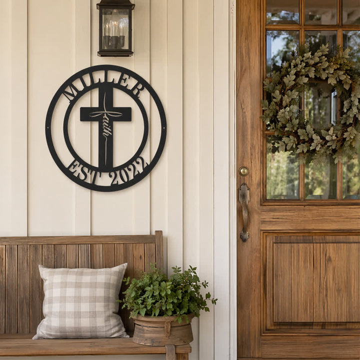Christianartworkshop Custom Name & Year Faith Cross Circular Metal Wall Decor: Symbol of Family Shared Grace - image 1