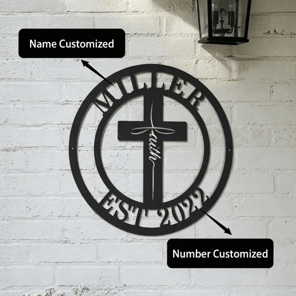 Christianartworkshop Custom Name & Year Faith Cross Circular Metal Wall Decor: Symbol of Family Shared Grace - image 0